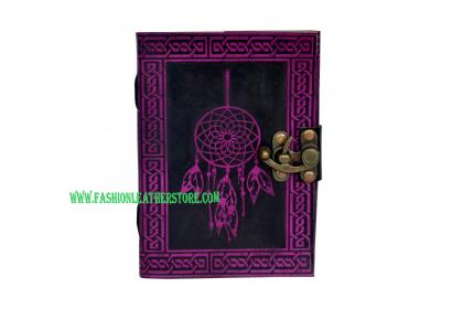 VINTAGE HANDMADE COWHIDE LEATHER DREAM CATCHER SIGNED TWO COLOR PINK WITH BLACK LEATHER DAIRY NOTE BOOK JOURNAL